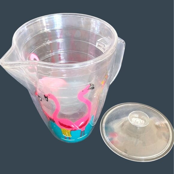 Retro Pink Flamingo Pitcher 64oz Insulated Clear Plastic Lid Fun Pool Party VTG - Picture 2 of 8